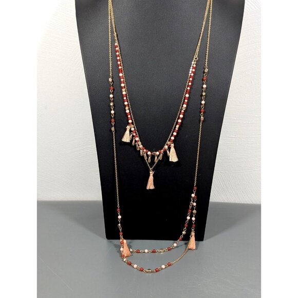 CATO Boho Coastal Pink Red Multi Chain Long Layer Tassel Necklace Gold Tone 30" - Picture 1 of 9